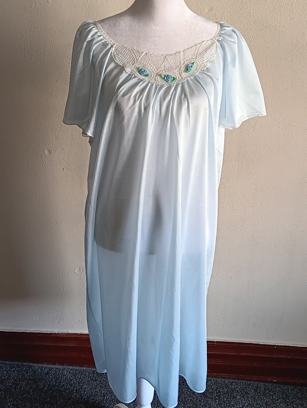 70s 80s USA Coquette Blue Rose Slip Midi Dress Pollinaise 1X Fairycore